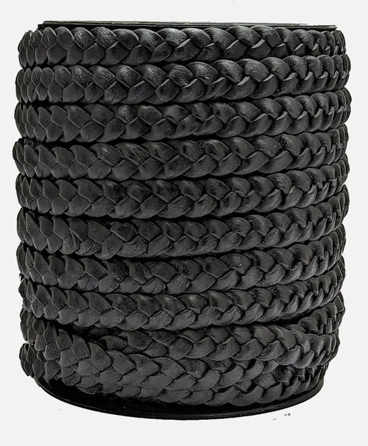 Black 10 mm wide flat braided leather cord